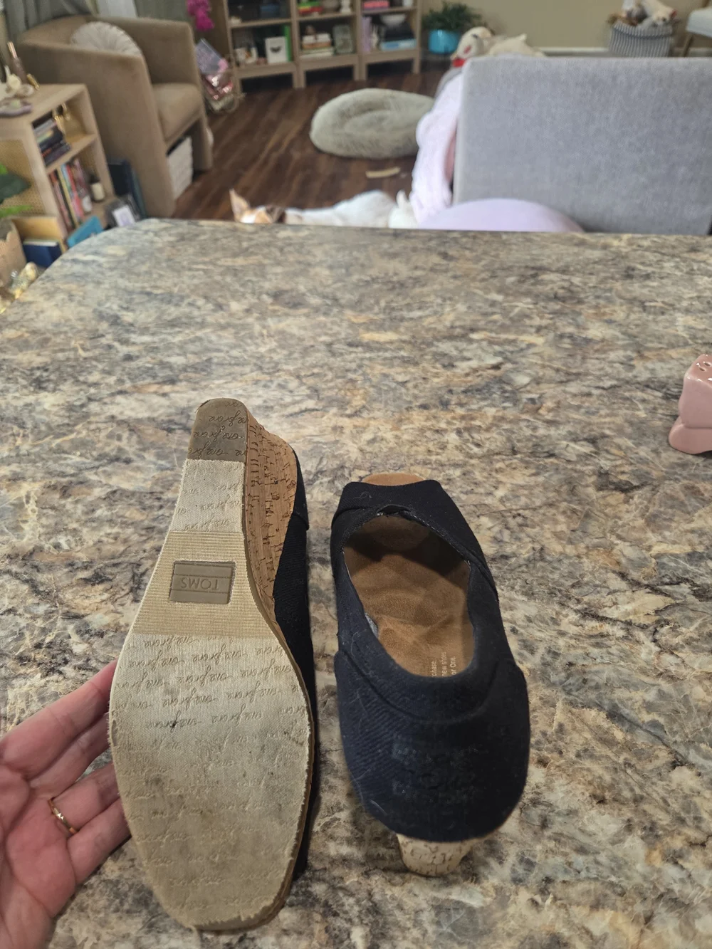 Toms Black Canvas Cork Wedge Peep-Toe